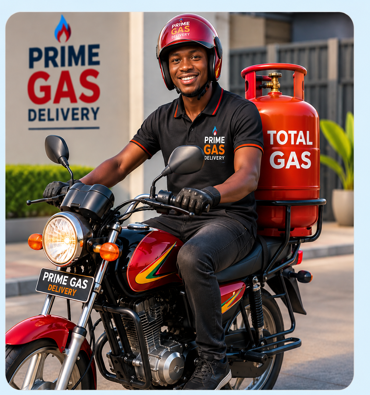 Prime Gas Delivery rider on a branded motorbike carrying a Total Gas cylinder in Nairobi